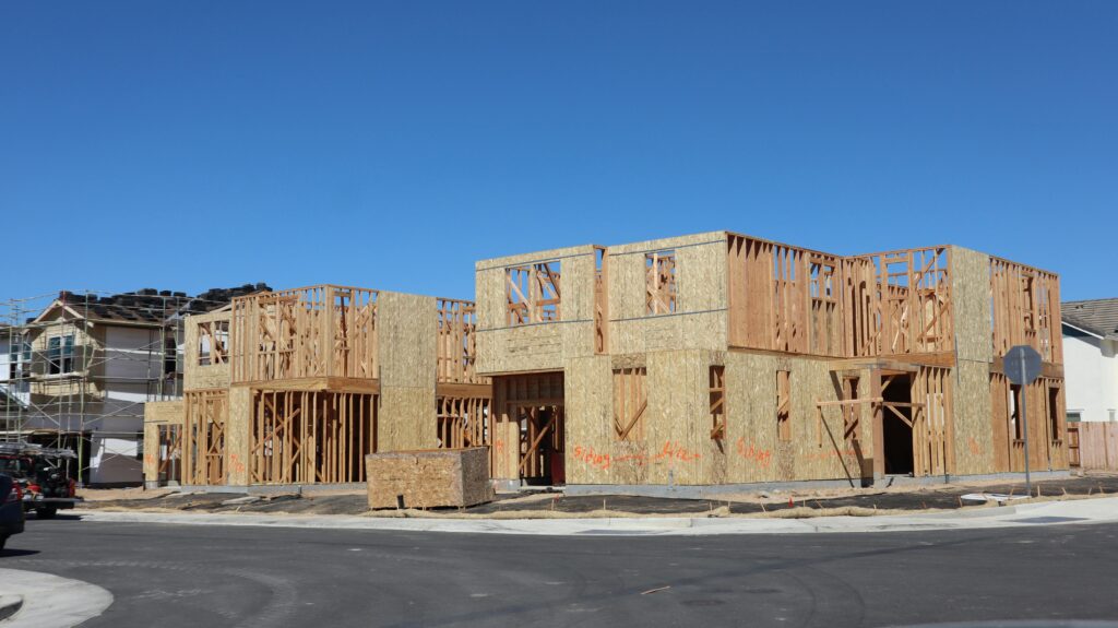 A timber-framed house under construction in Elk Grove, CA.