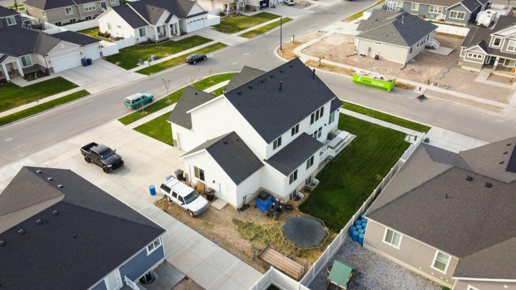 Aerial view of a residential neighborhood in Spanish Fork, Utah showcasing modern houses.