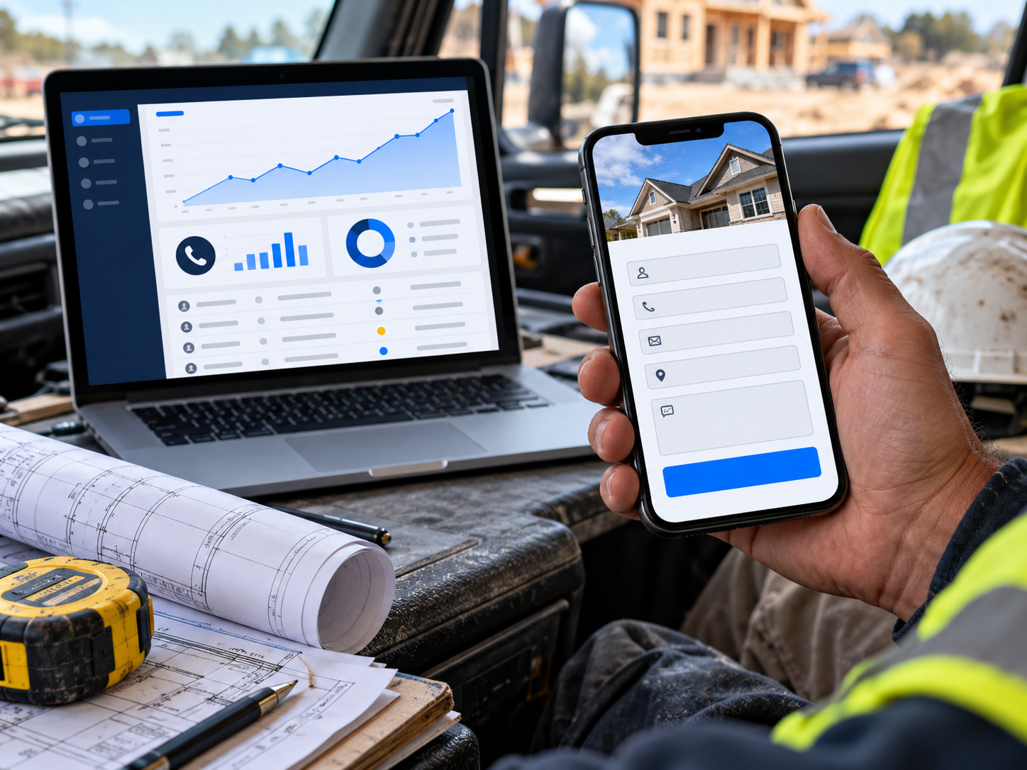 Mobile contractor estimate form and lead analytics dashboard at an active construction site