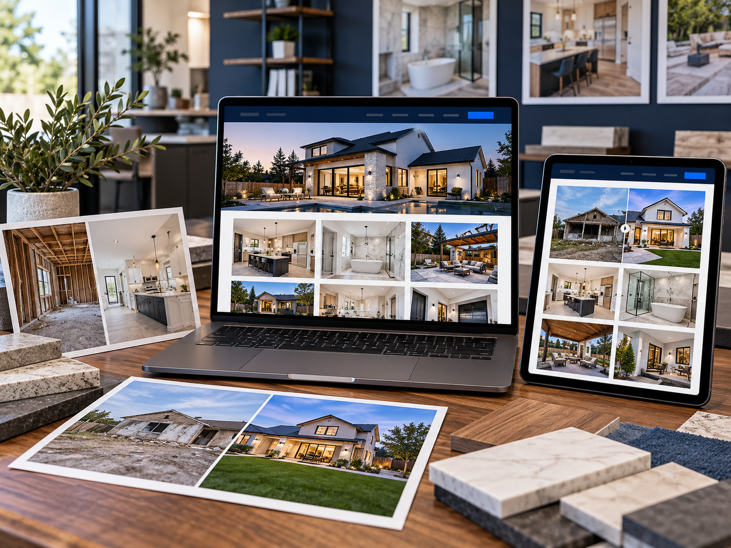 Contractor project gallery displayed across laptop and tablet with before-and-after construction photography